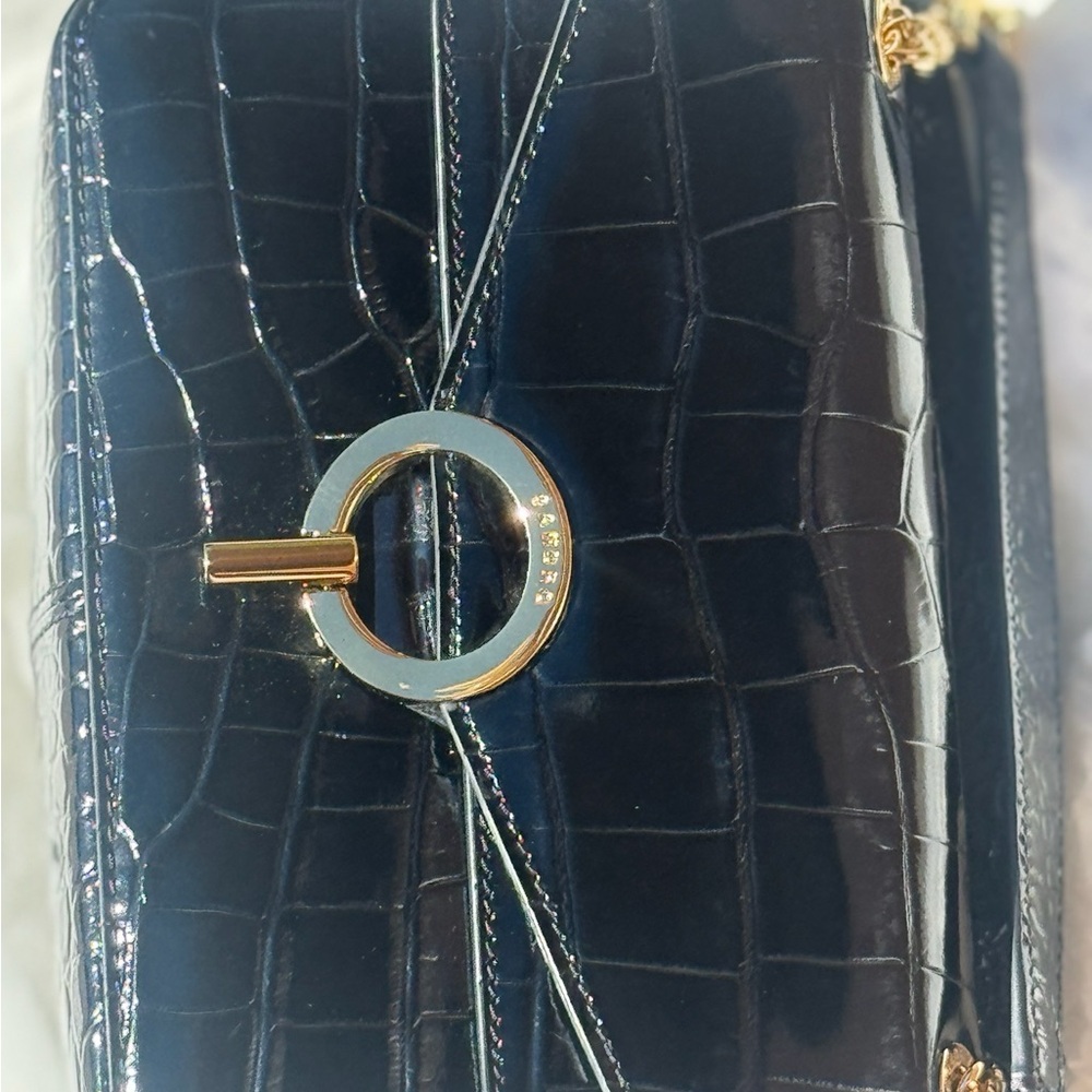 Sandro Black Croc-Embossed Patent Leather Crossbody Bag with Gold Ring Clasp - Picture 5 of 16